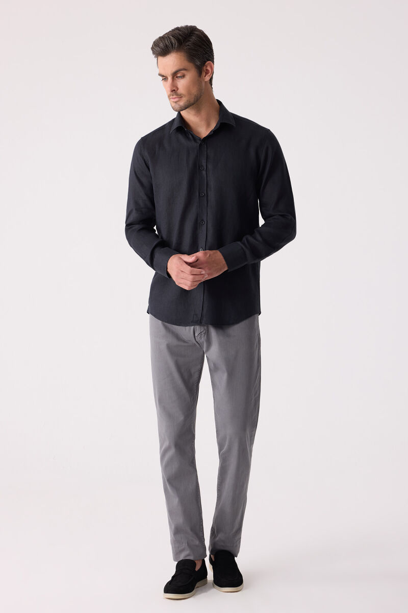 Erkek Siyah Slim Fit Klasik Yaka Keten Gömlek - 5