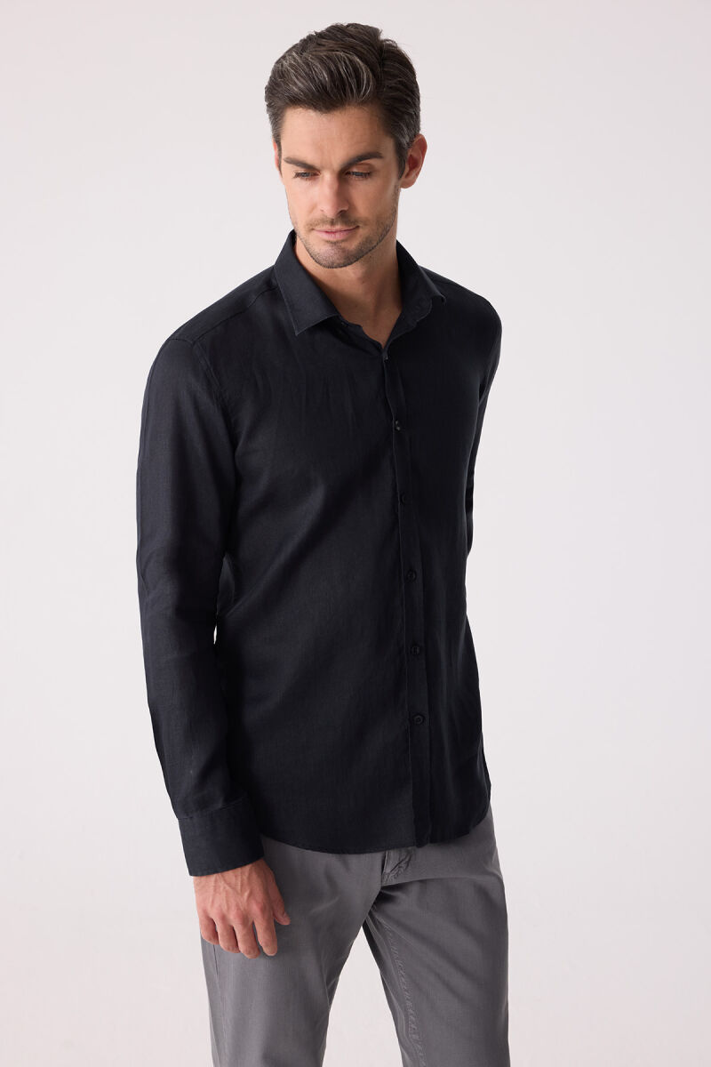 Erkek Siyah Slim Fit Klasik Yaka Keten Gömlek - 6