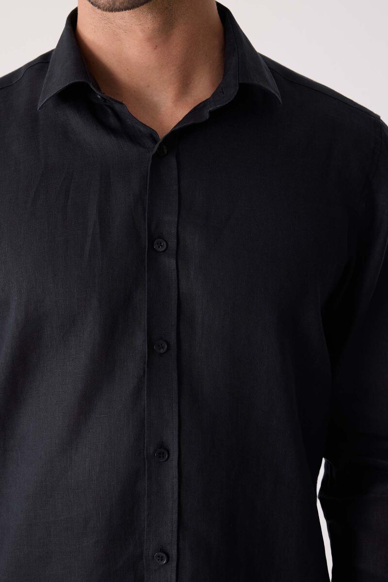 Erkek Siyah Slim Fit Klasik Yaka Keten Gömlek - 7