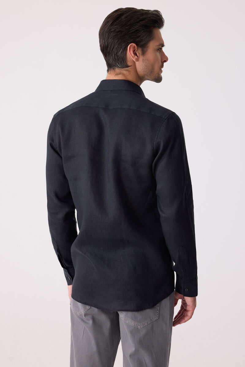 Erkek Siyah Slim Fit Klasik Yaka Keten Gömlek - 8
