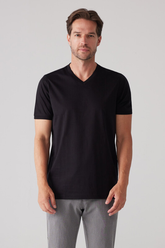 Erkek Siyah Slim Fit Merserize Pamuk V Yaka Tişört