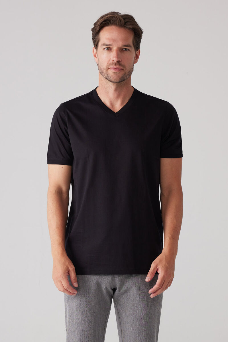 Erkek Siyah Slim Fit Merserize Pamuk V Yaka Tişört - 1