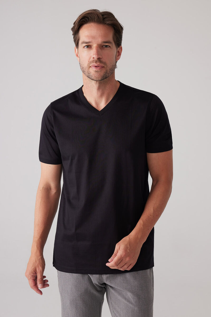 Erkek Siyah Slim Fit Merserize Pamuk V Yaka Tişört - 3