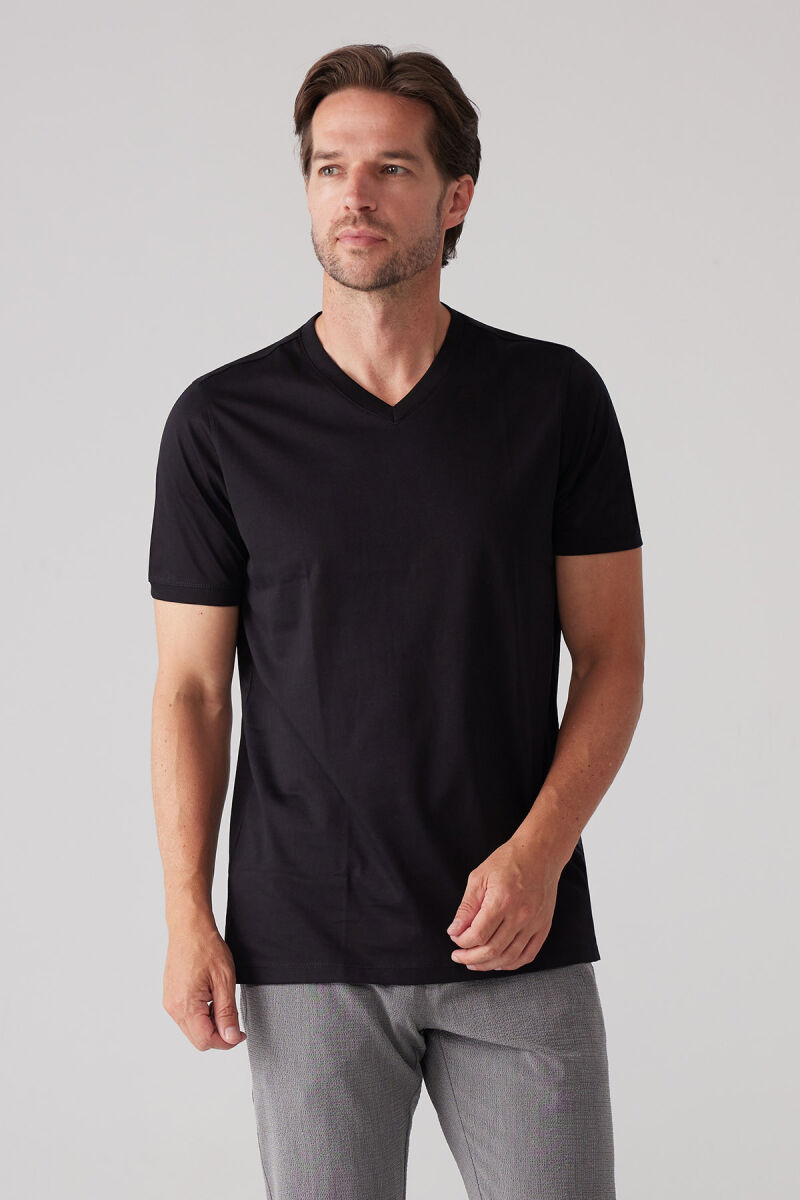 Erkek Siyah Slim Fit Merserize Pamuk V Yaka Tişört - 5