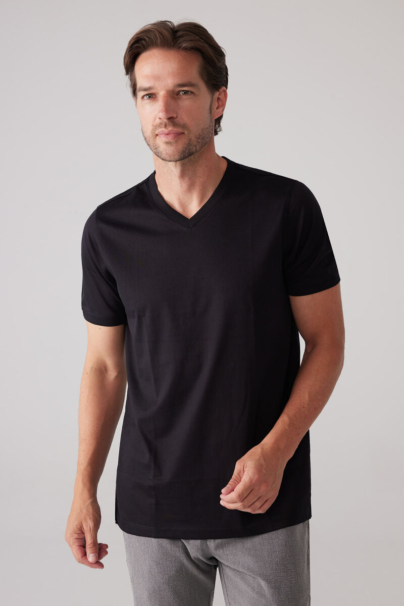 Erkek Siyah Slim Fit Merserize Pamuk V Yaka Tişört - 6