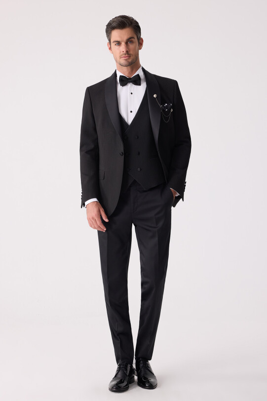 Erkek Siyah Slim Fit Şal Yaka Damatlık