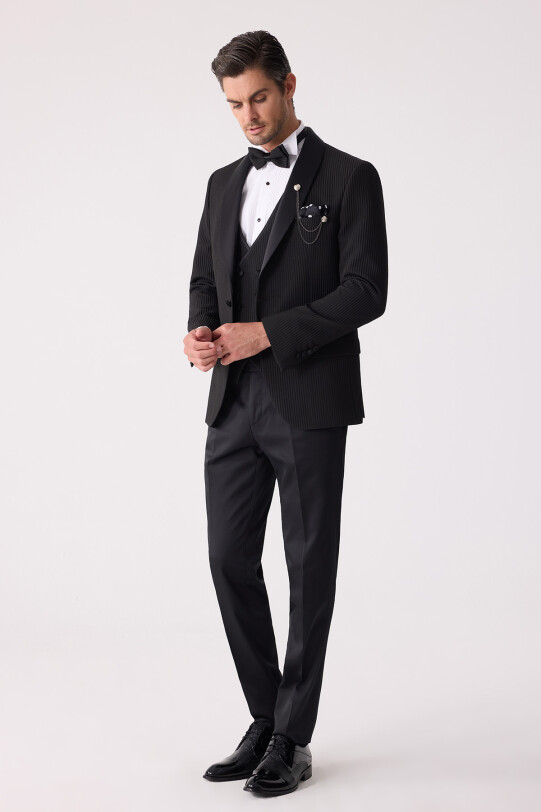 Erkek Siyah Slim Fit Şal Yaka Damatlık