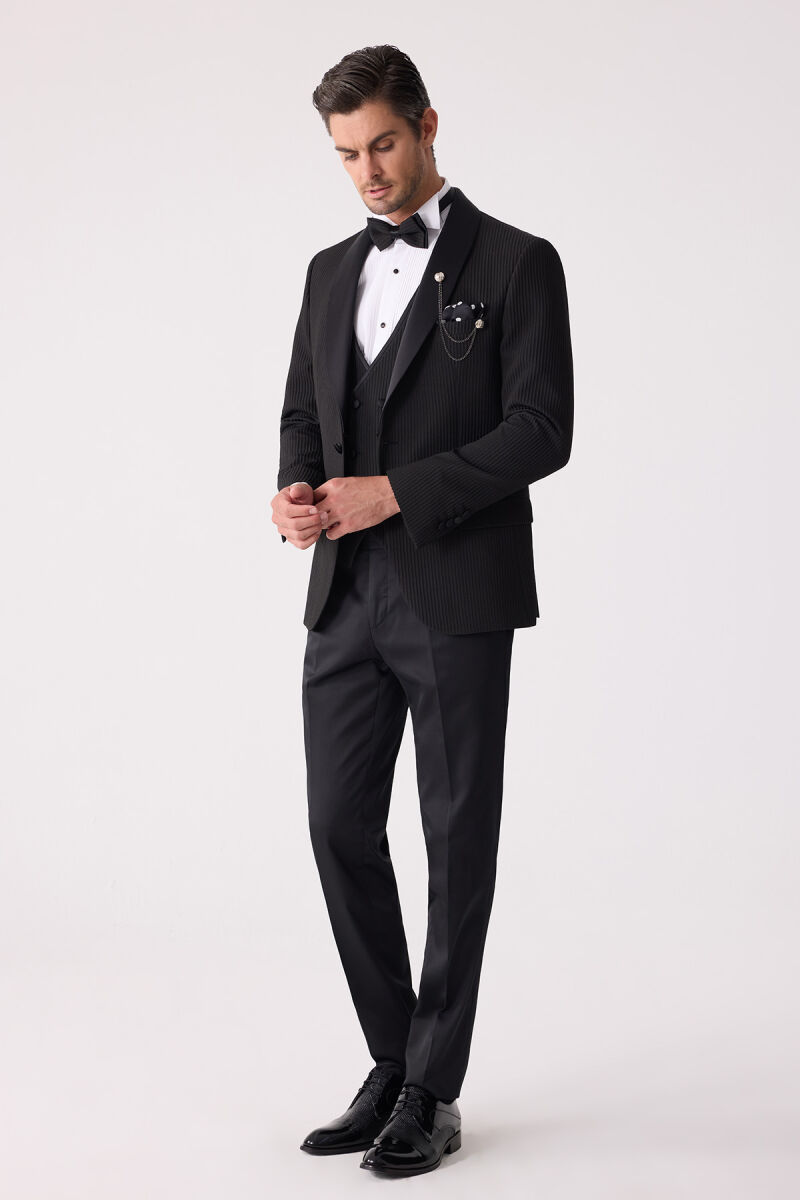 Erkek Siyah Slim Fit Şal Yaka Damatlık - 2