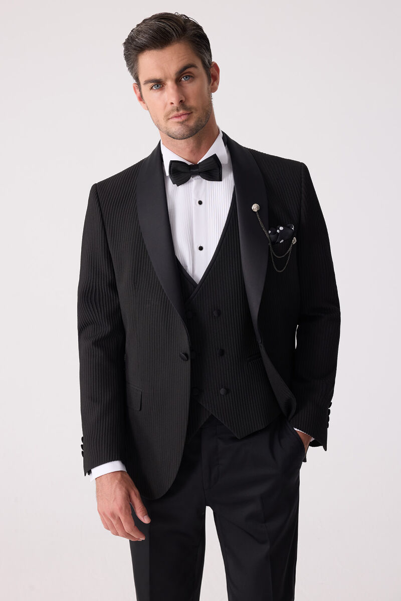 Erkek Siyah Slim Fit Şal Yaka Damatlık - 3
