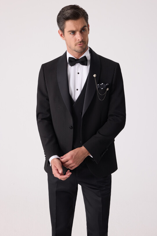 Erkek Siyah Slim Fit Şal Yaka Damatlık