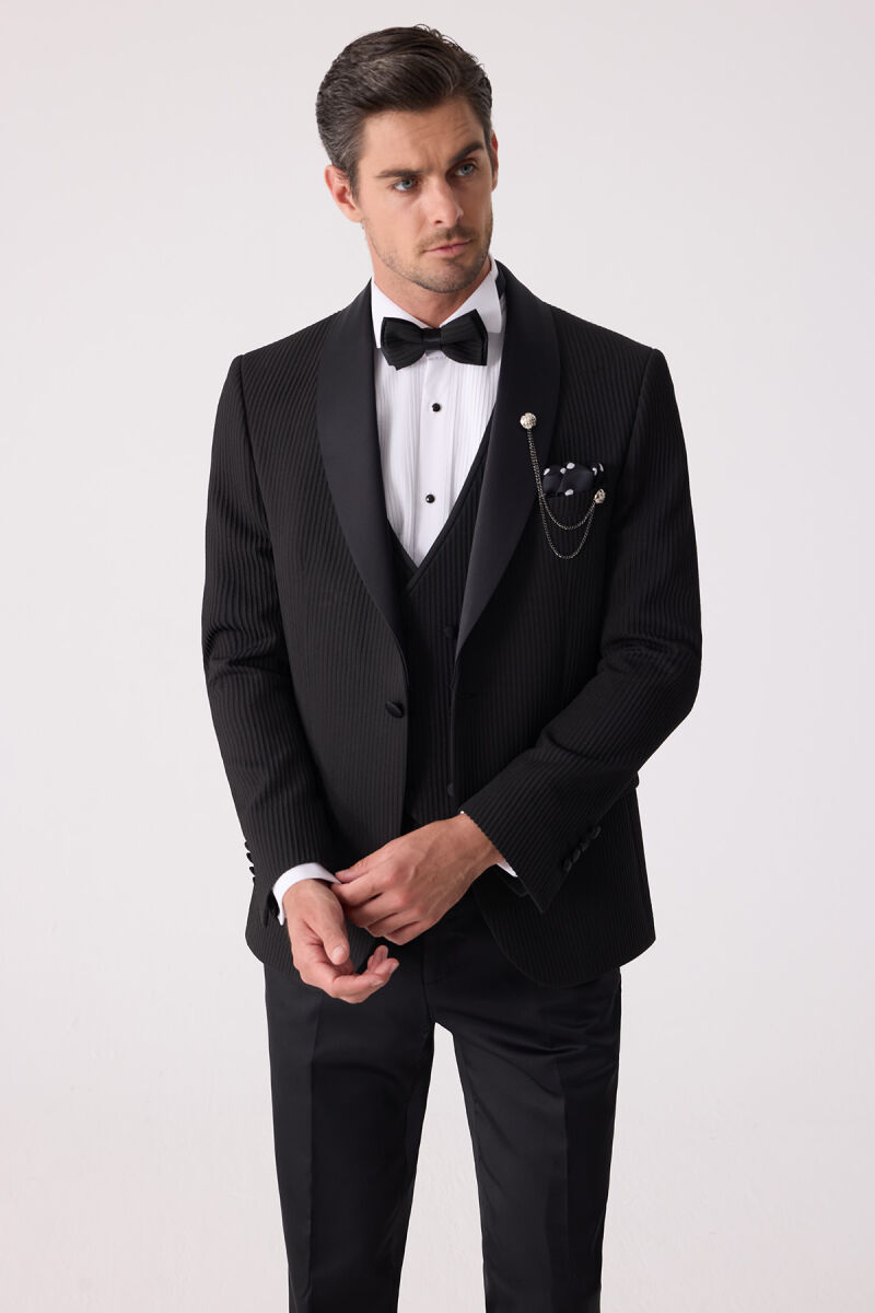 Erkek Siyah Slim Fit Şal Yaka Damatlık - 4