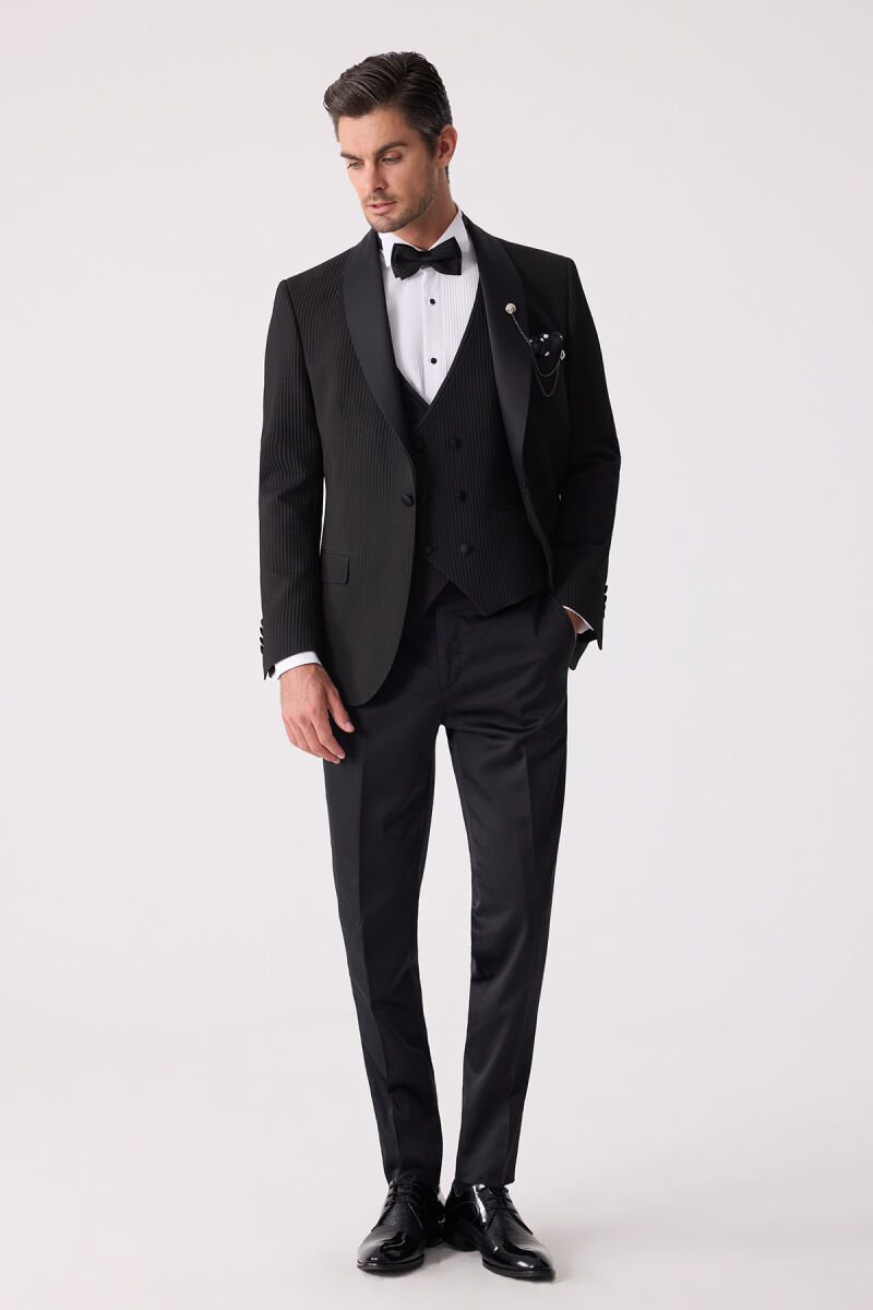 Erkek Siyah Slim Fit Şal Yaka Damatlık - 5