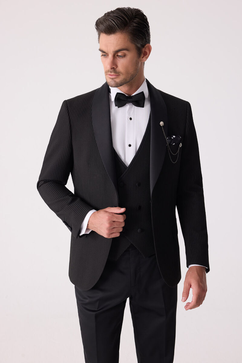 Erkek Siyah Slim Fit Şal Yaka Damatlık - 6