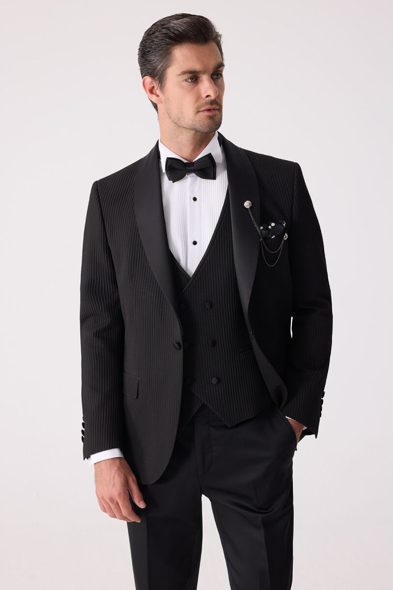Erkek Siyah Slim Fit Şal Yaka Damatlık - 7