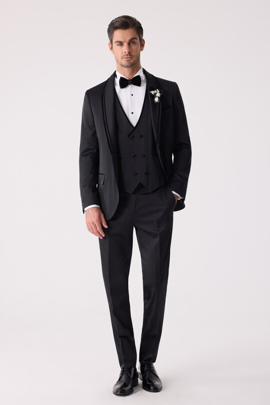Erkek Siyah Slim Fit Şal Yaka Yelekli Damatlık