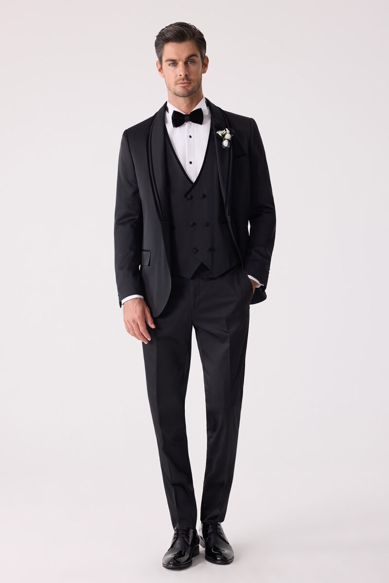 Erkek Siyah Slim Fit Şal Yaka Yelekli Damatlık - 1