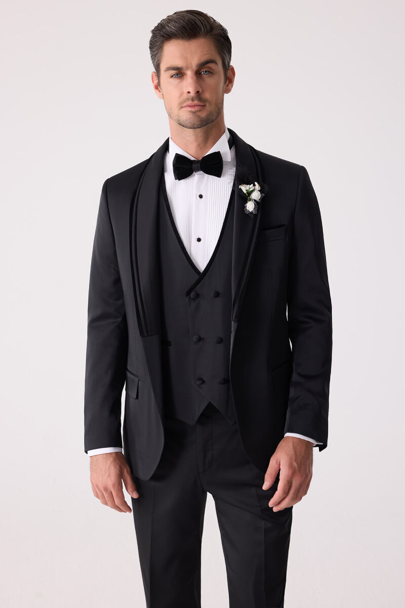 Erkek Siyah Slim Fit Şal Yaka Yelekli Damatlık - 2