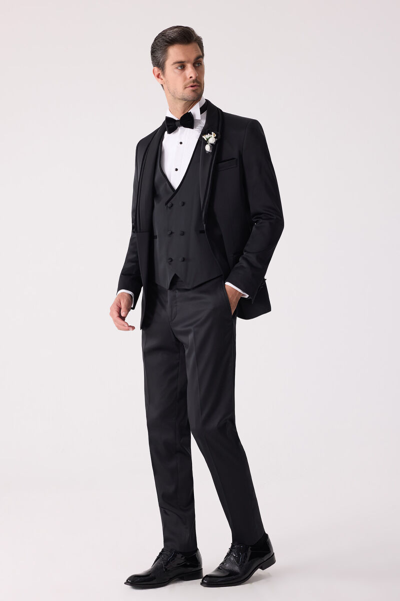 Erkek Siyah Slim Fit Şal Yaka Yelekli Damatlık - 3