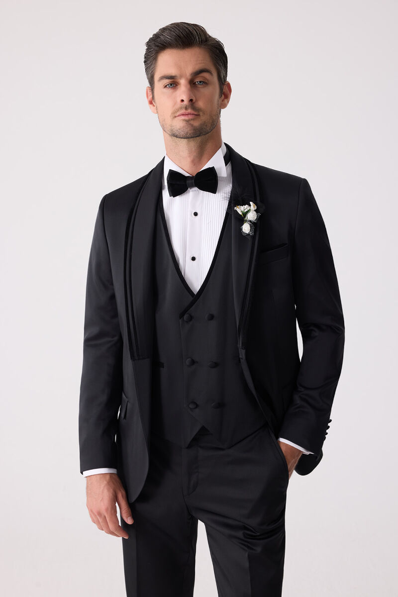 Erkek Siyah Slim Fit Şal Yaka Yelekli Damatlık - 4
