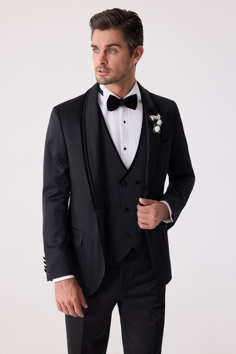 Erkek Siyah Slim Fit Şal Yaka Yelekli Damatlık - 5