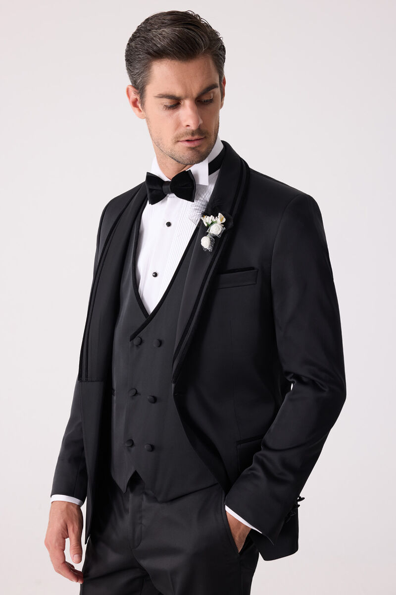 Erkek Siyah Slim Fit Şal Yaka Yelekli Damatlık - 6