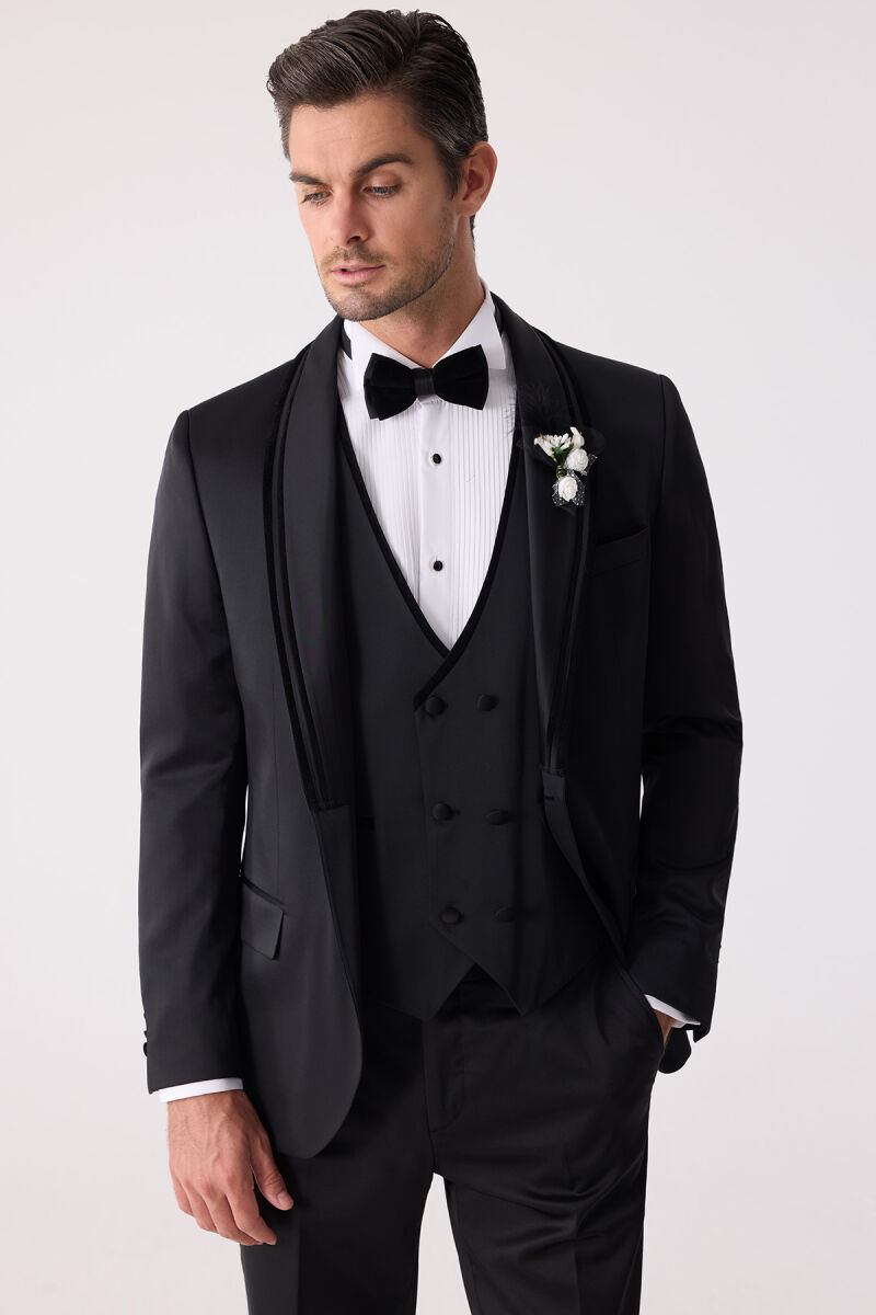 Erkek Siyah Slim Fit Şal Yaka Yelekli Damatlık - 7