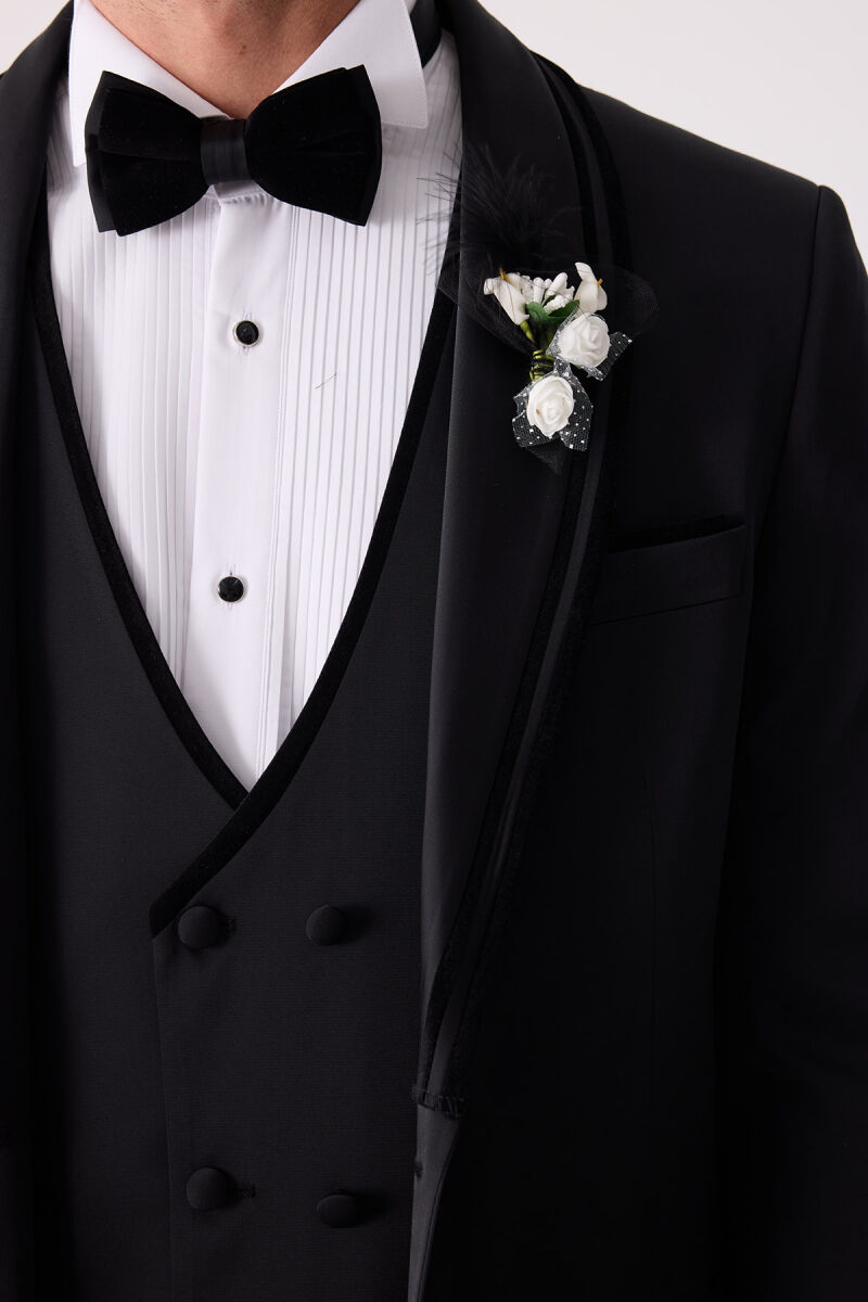 Erkek Siyah Slim Fit Şal Yaka Yelekli Damatlık - 8