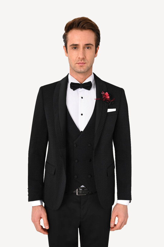 Erkek Siyah Slim Fit Şal Yaka Yelekli Damatlık