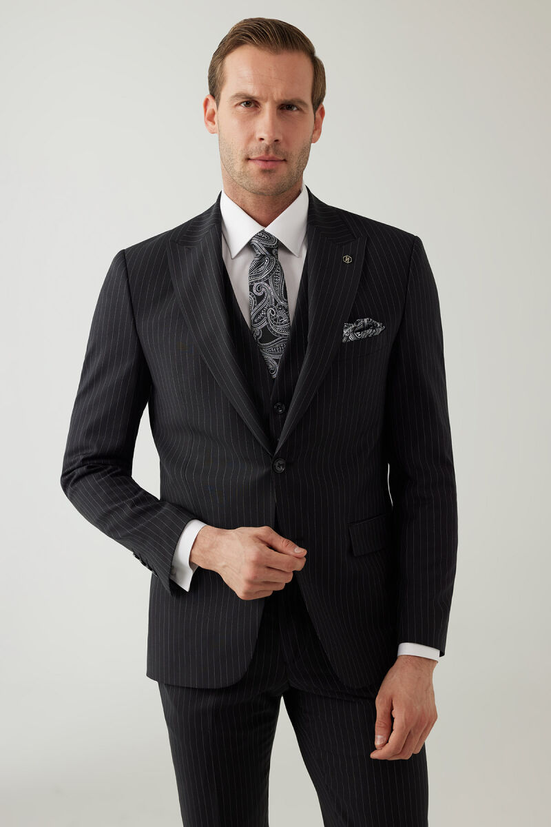 Erkek Siyah Slim Fit Sivri Yaka Yelekli %100 Yünlü Takım Elbise - 1