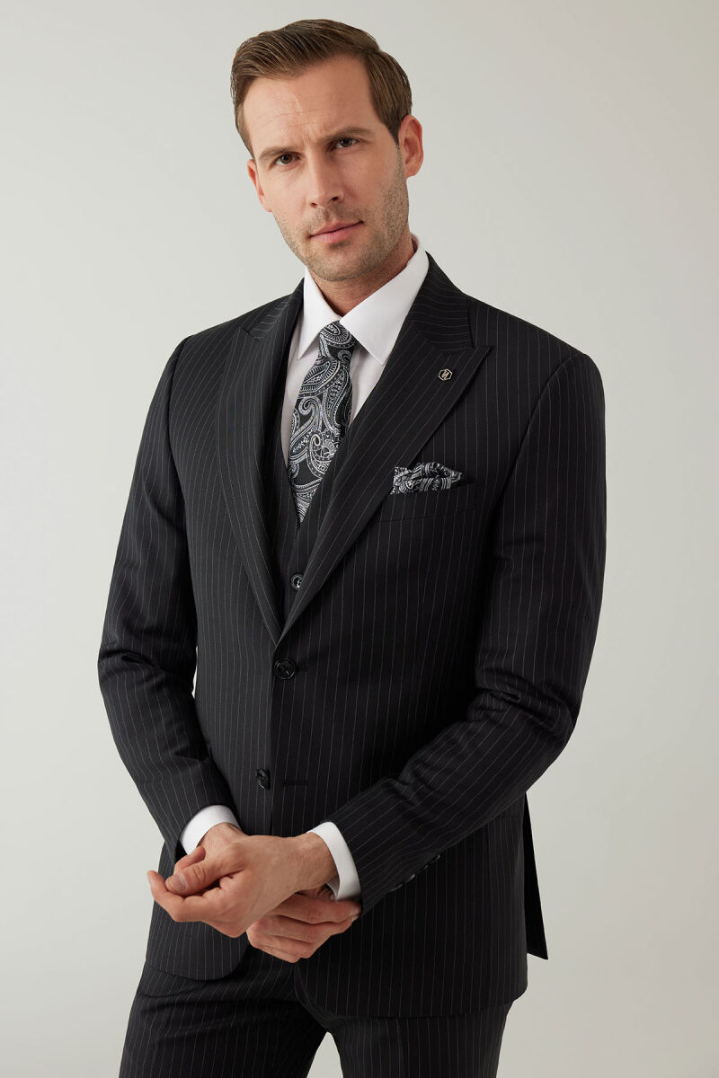Erkek Siyah Slim Fit Sivri Yaka Yelekli %100 Yünlü Takım Elbise - 6