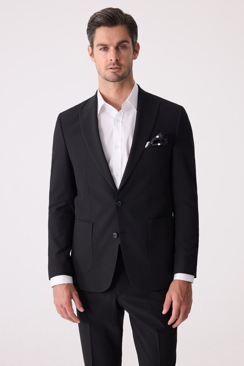 Erkek Siyah Slim Fit Torba Cep Çizgili Jogger Pantolonlu Sivri Yaka Takım Elbise - 5