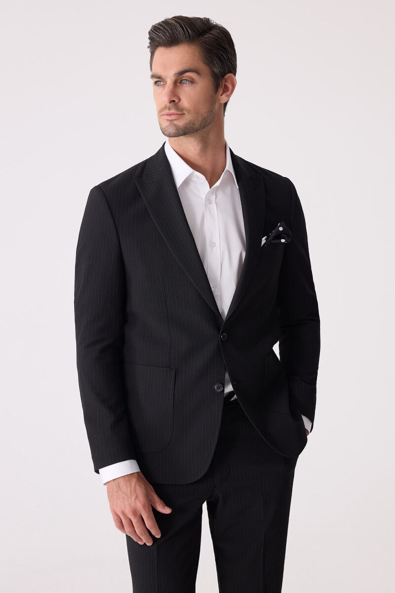 Erkek Siyah Slim Fit Torba Cep Çizgili Jogger Pantolonlu Sivri Yaka Takım Elbise - 6