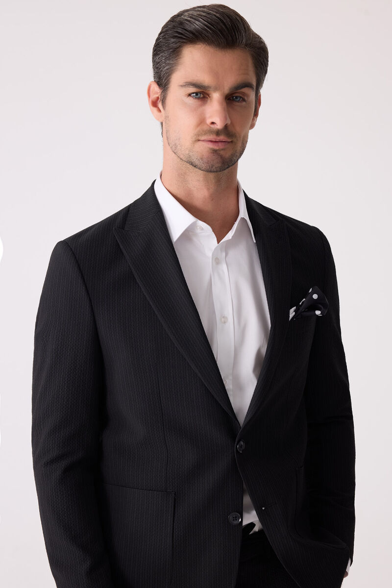 Erkek Siyah Slim Fit Torba Cep Çizgili Jogger Pantolonlu Sivri Yaka Takım Elbise - 7