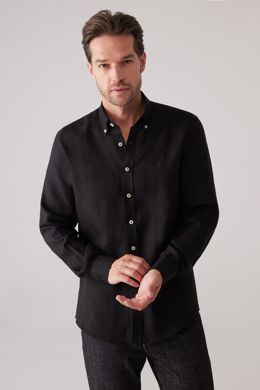 Erkek Siyah Slim Fit Yaka Düğmeli %100 Keten Gömlek
