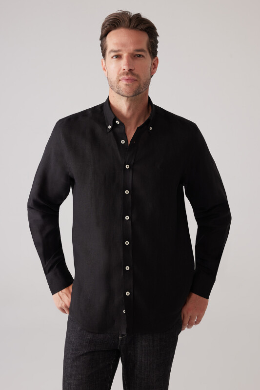 Erkek Siyah Slim Fit Yaka Düğmeli %100 Keten Gömlek