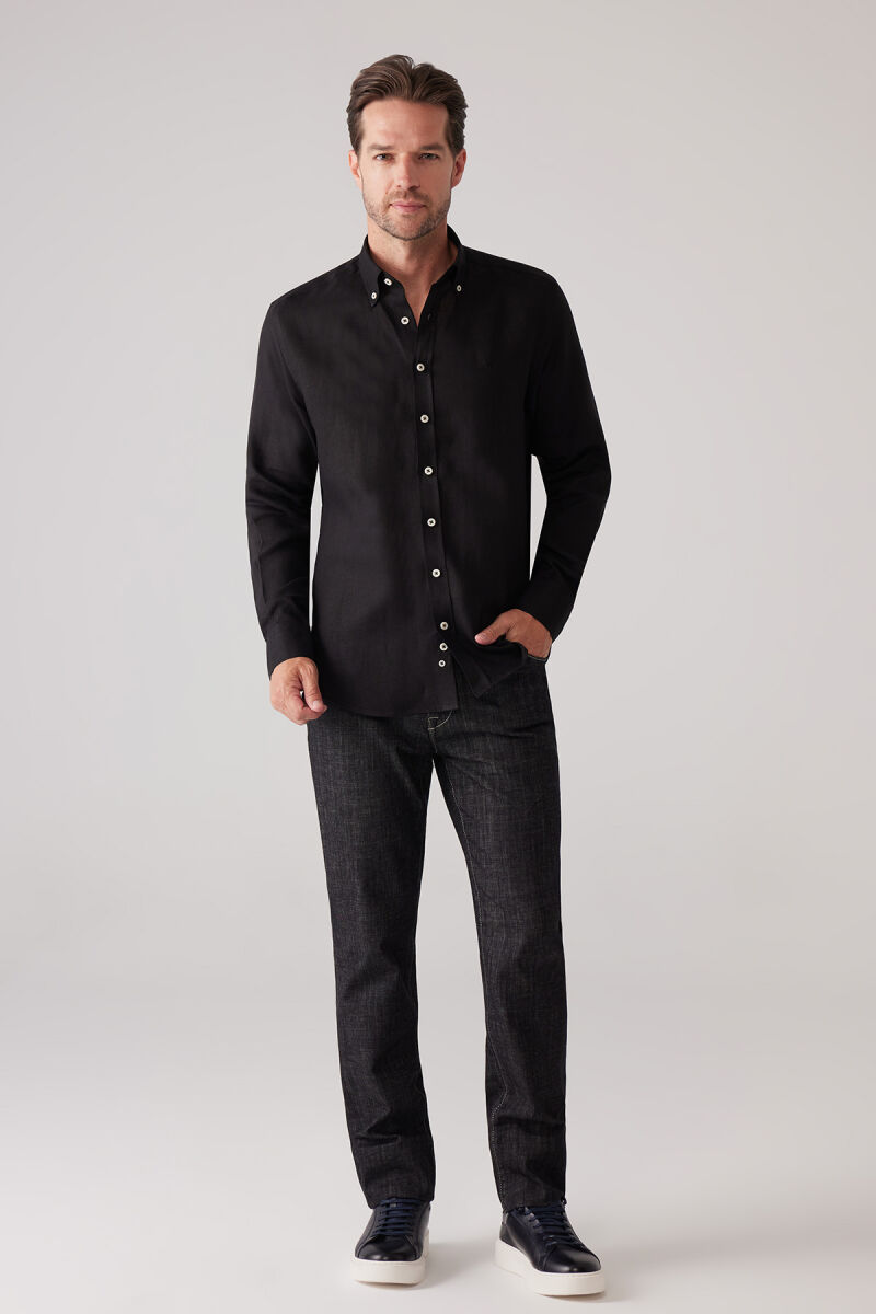 Erkek Siyah Slim Fit Yaka Düğmeli %100 Keten Gömlek - 3