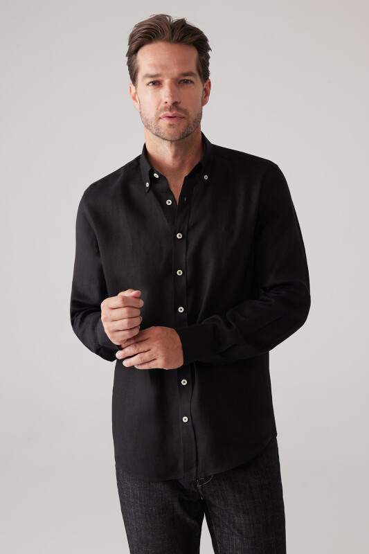 Erkek Siyah Slim Fit Yaka Düğmeli %100 Keten Gömlek