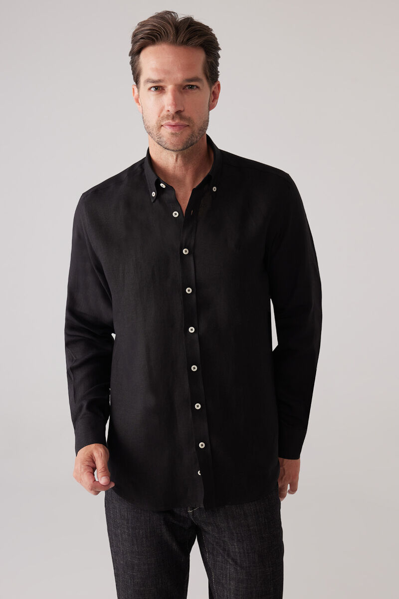 Erkek Siyah Slim Fit Yaka Düğmeli %100 Keten Gömlek - 5