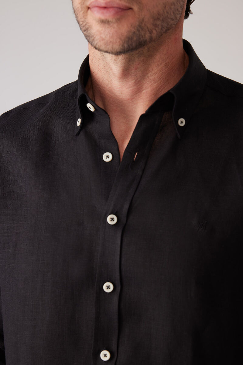 Erkek Siyah Slim Fit Yaka Düğmeli %100 Keten Gömlek - 7