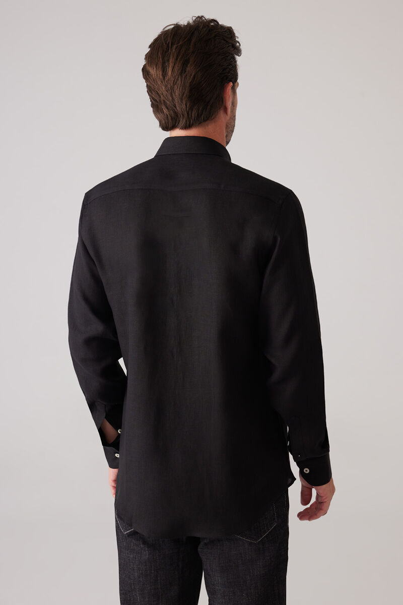 Erkek Siyah Slim Fit Yaka Düğmeli %100 Keten Gömlek - 8