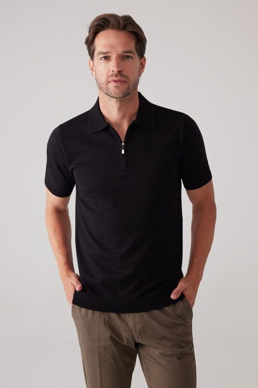 Erkek Siyah Slim Fit Yarım Fermuarlı Pamuk-Kaşmir Polo Tişört