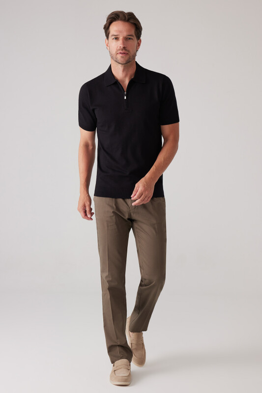 Erkek Siyah Slim Fit Yarım Fermuarlı Pamuk-Kaşmir Polo Tişört