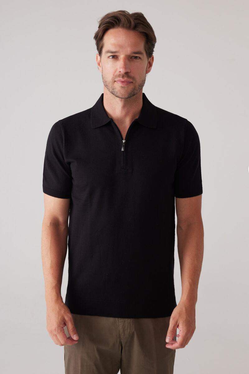 Erkek Siyah Slim Fit Yarım Fermuarlı Pamuk-Kaşmir Polo Tişört - 3