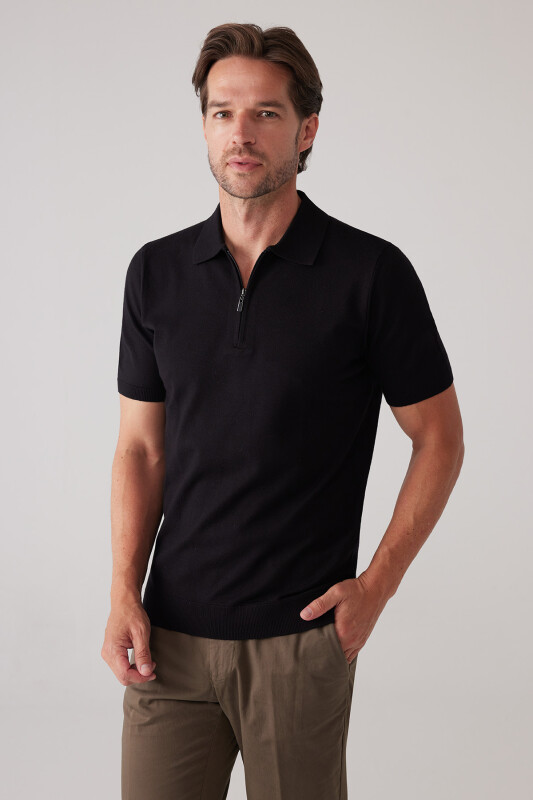 Erkek Siyah Slim Fit Yarım Fermuarlı Pamuk-Kaşmir Polo Tişört