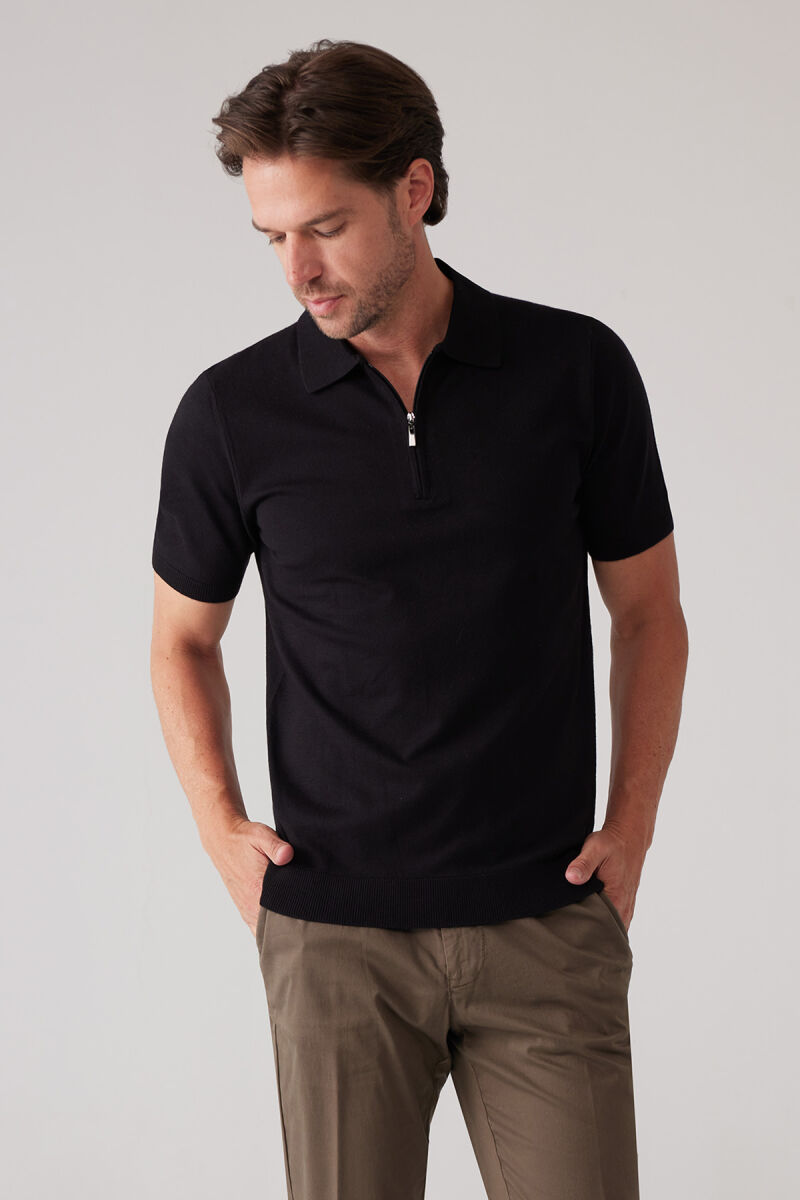 Erkek Siyah Slim Fit Yarım Fermuarlı Pamuk-Kaşmir Polo Tişört - 5