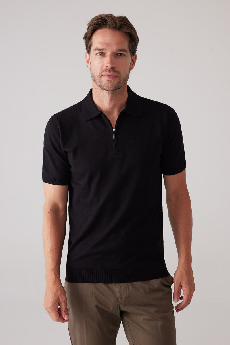 Erkek Siyah Slim Fit Yarım Fermuarlı Pamuk-Kaşmir Polo Tişört - 6
