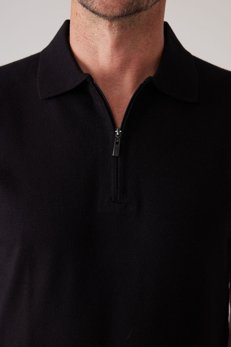 Erkek Siyah Slim Fit Yarım Fermuarlı Pamuk-Kaşmir Polo Tişört - 7