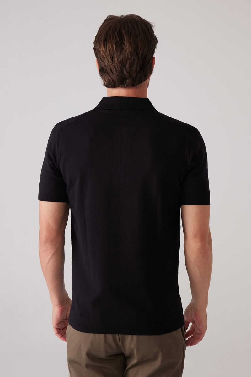 Erkek Siyah Slim Fit Yarım Fermuarlı Pamuk-Kaşmir Polo Tişört - 8