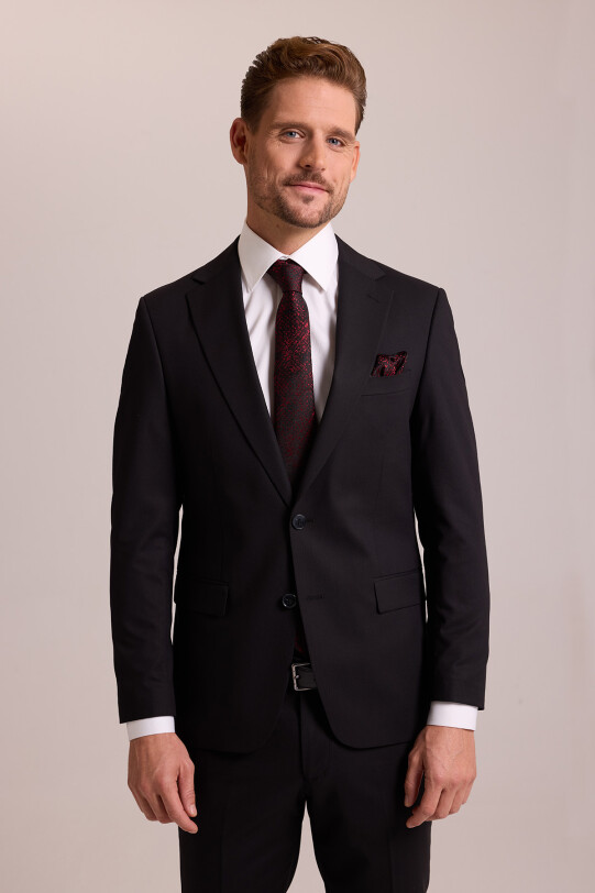 Erkek Siyah Slim Fit Yünlü Likralı Mono Yaka Takım Elbise