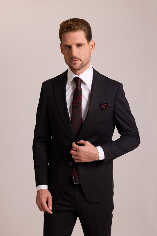 Erkek Siyah Slim Fit Yünlü Likralı Mono Yaka Takım Elbise